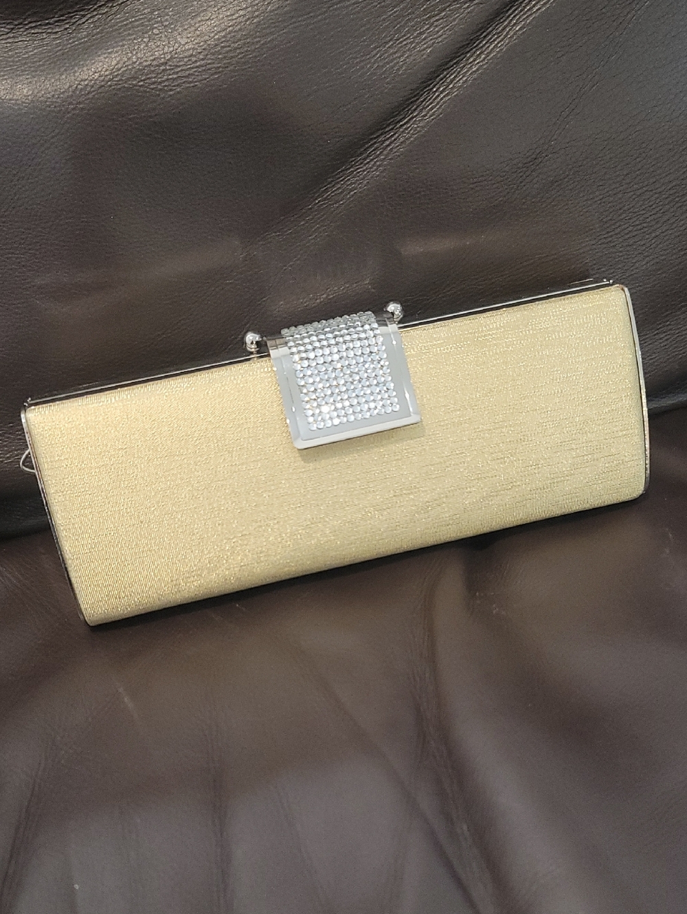 Elegant Gold Evening Clutch with Rhinestone Accent 9x2x3.25